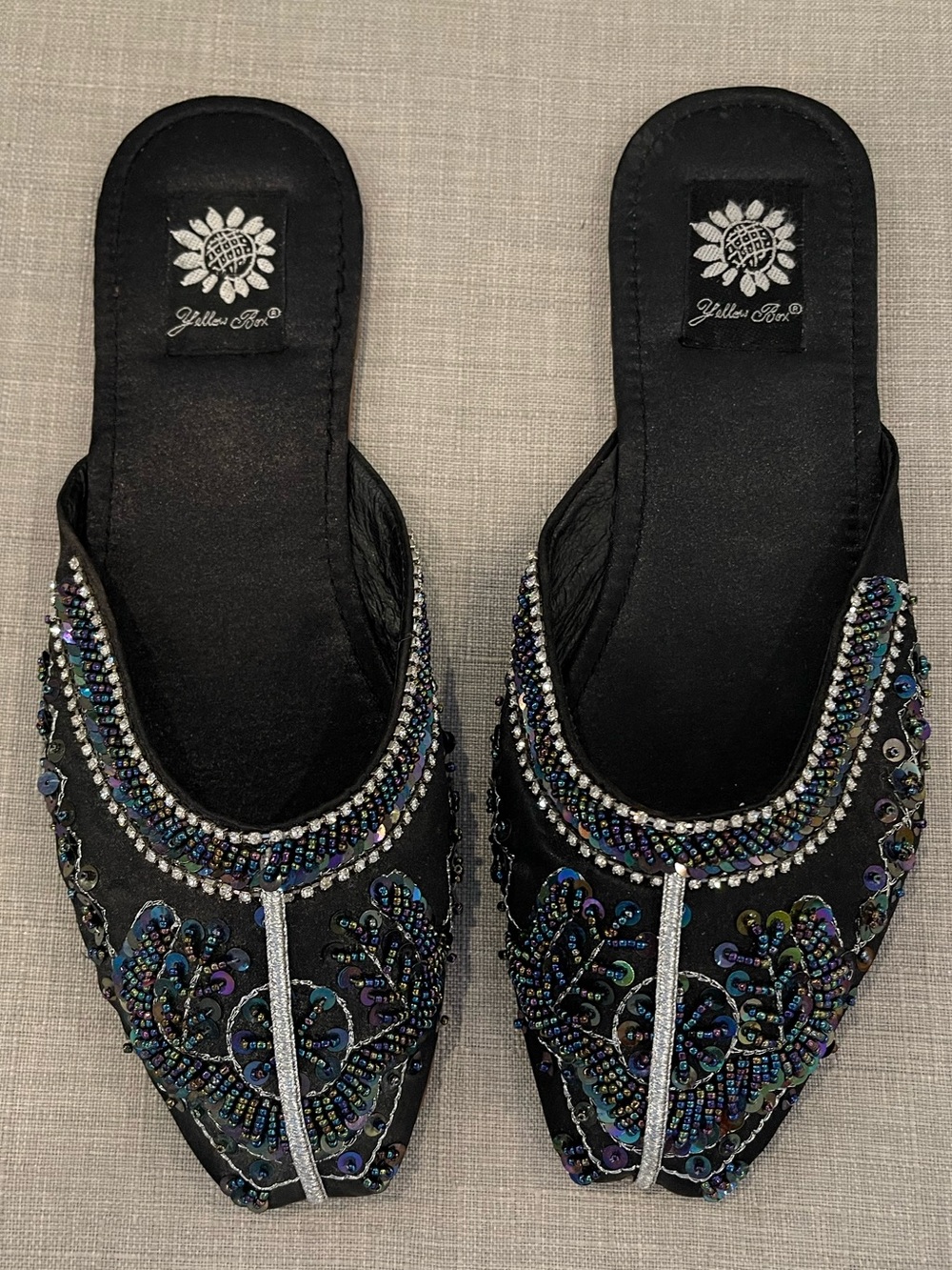Vintage Yellow Box black beaded mules size 8.5 whimsigoth boho fairy witchy fall